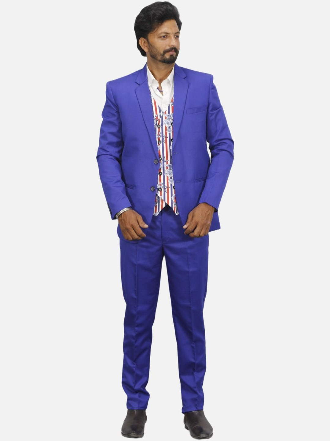 GARGIAN Master Cut Men Blue Notched Lapel Pure Cotton Formal Suits With Pocket Square