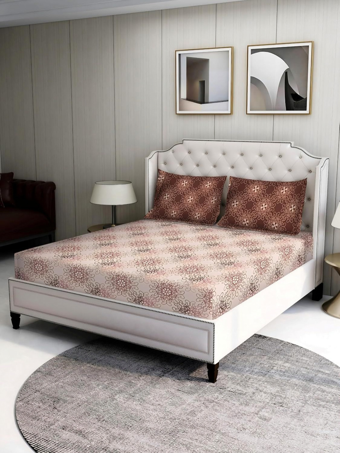 BOMBAY DYEING Brown Geometric Printed Cotton 104TC Queen Bedsheet Set-2.44 m x 2.24 m