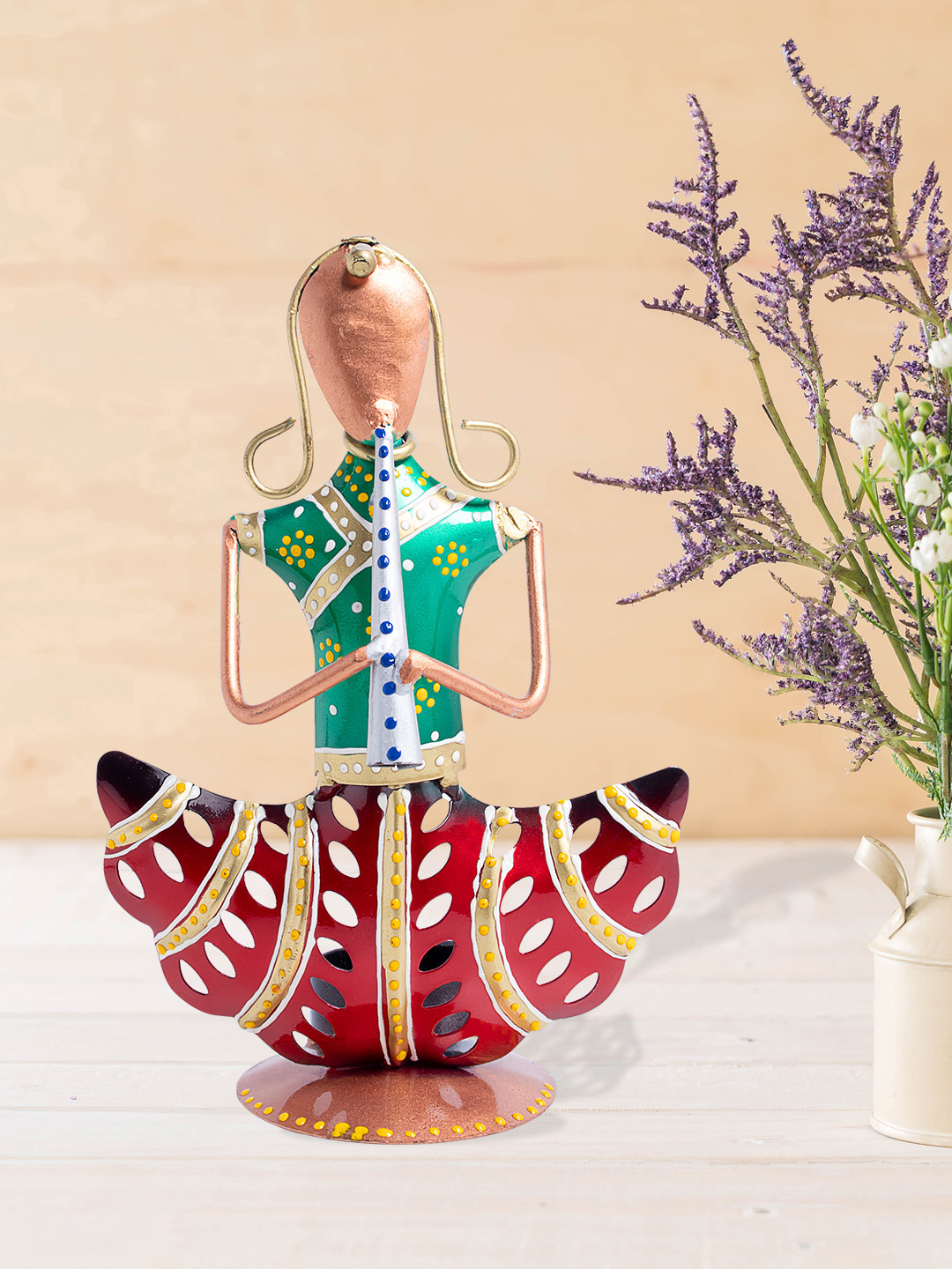 Golden Peacock Musician T-Light Candle Holder Red Metal Metallic Living Room Lights Small Showpiece - 7.7 Inches