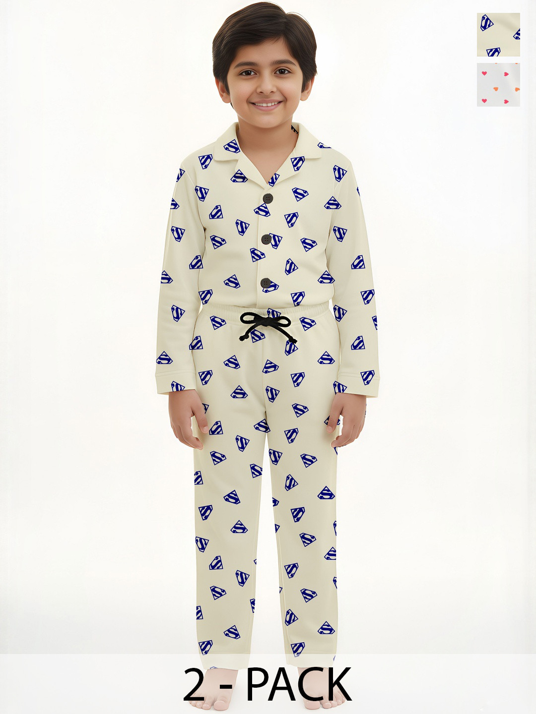Fasha Kids Unisex Pack Of 2 Printed Cotton Shirt Collar Long Sleeves Nightdress