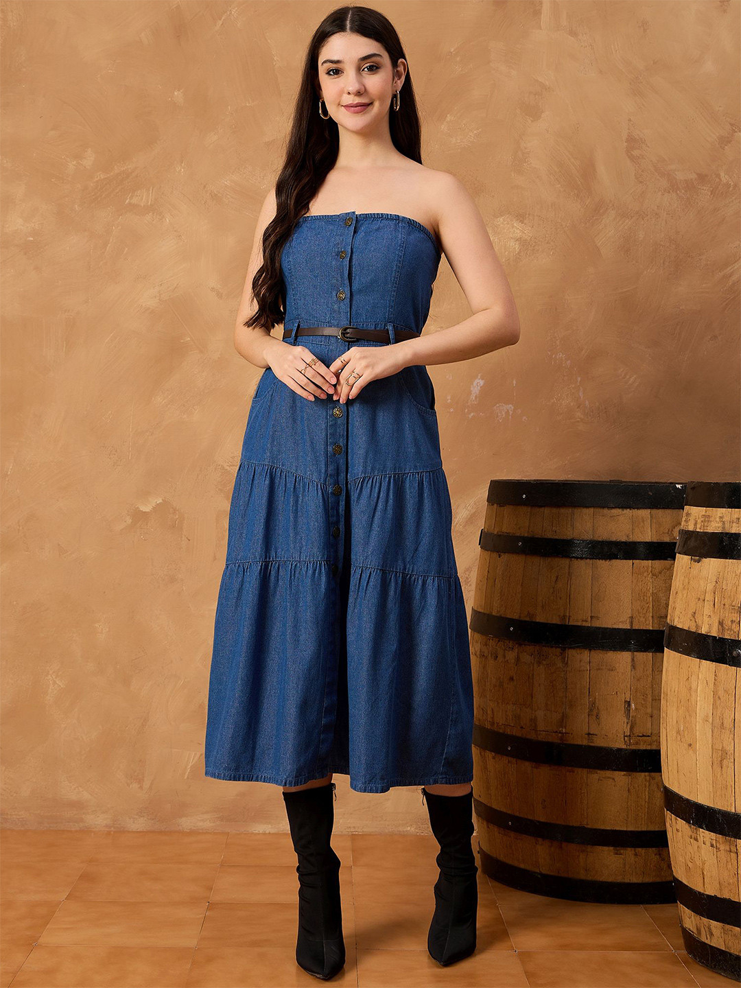 all about you Denim Fit & Flare Strapless Cotton Midi Dress With Comes with a belt