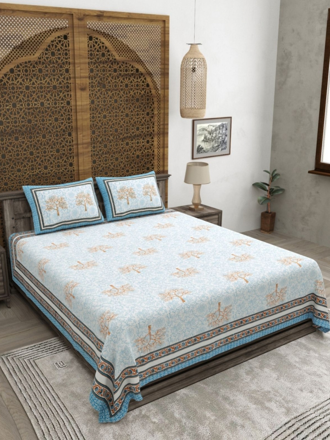 CLOTHOLOGY Azure Blue Tree of Life Eternal Grove 180 TC Cotton King Bedsheet with 2 Pillow Cover
