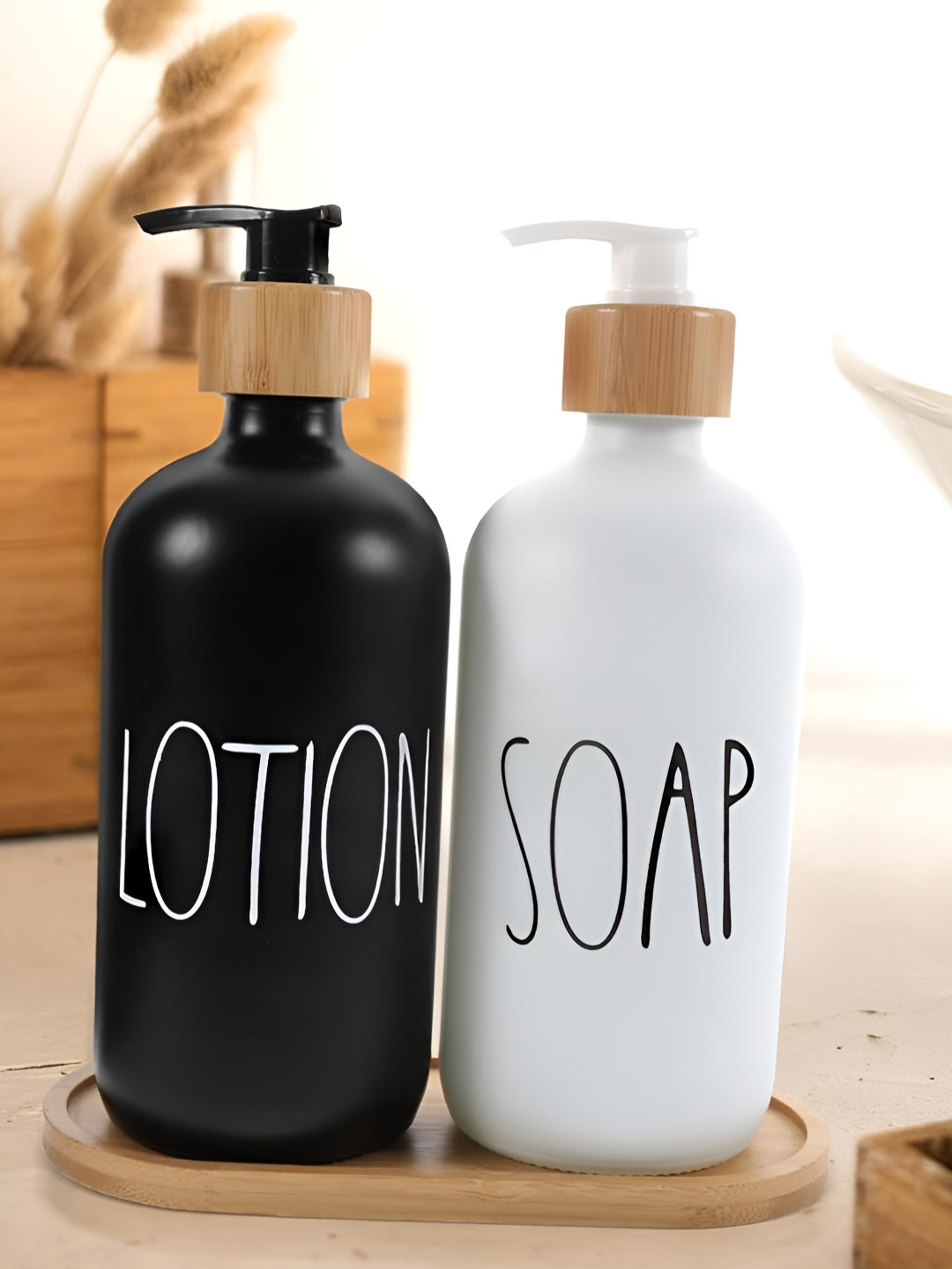 TIED RIBBONS White & Black 2 Pieces Printed Glass Soap Dispensers