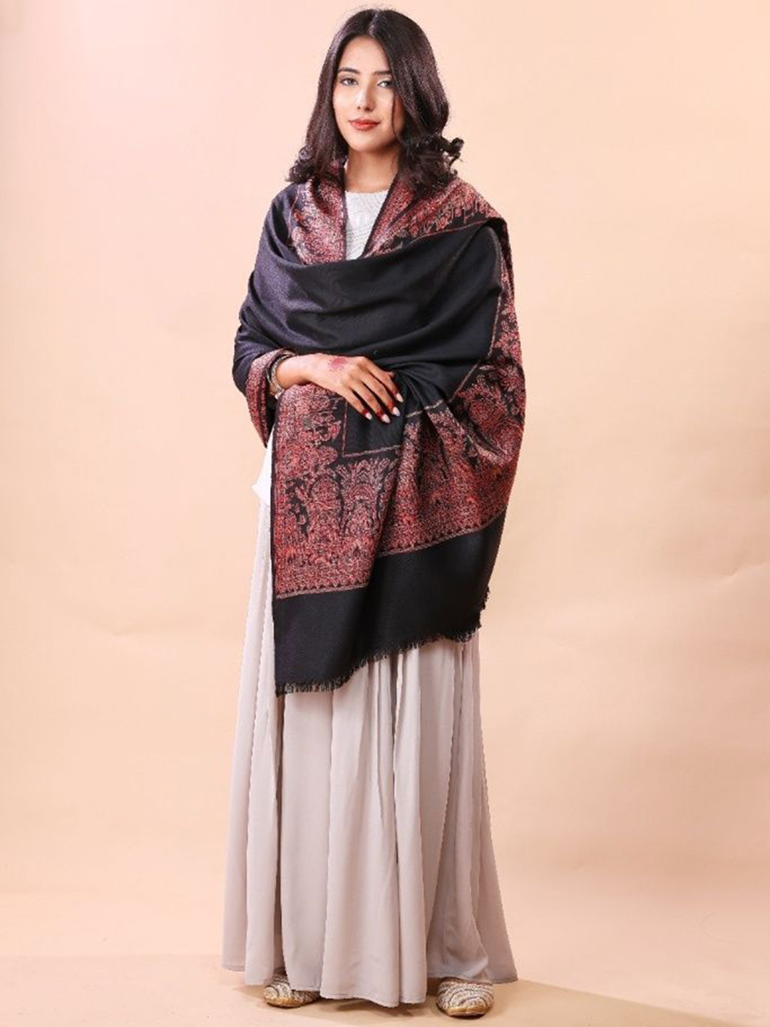 THE SHAWL STUDIO Ethnic Motifs Woven Design Darbar Border Kani Woollen Shawl