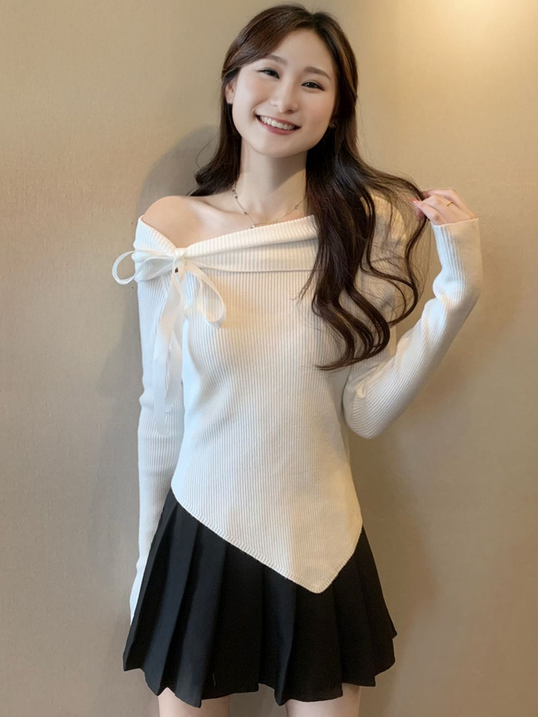 StyleCast Women Ribbed Bow Off-Shoulder Long Sleeve Top