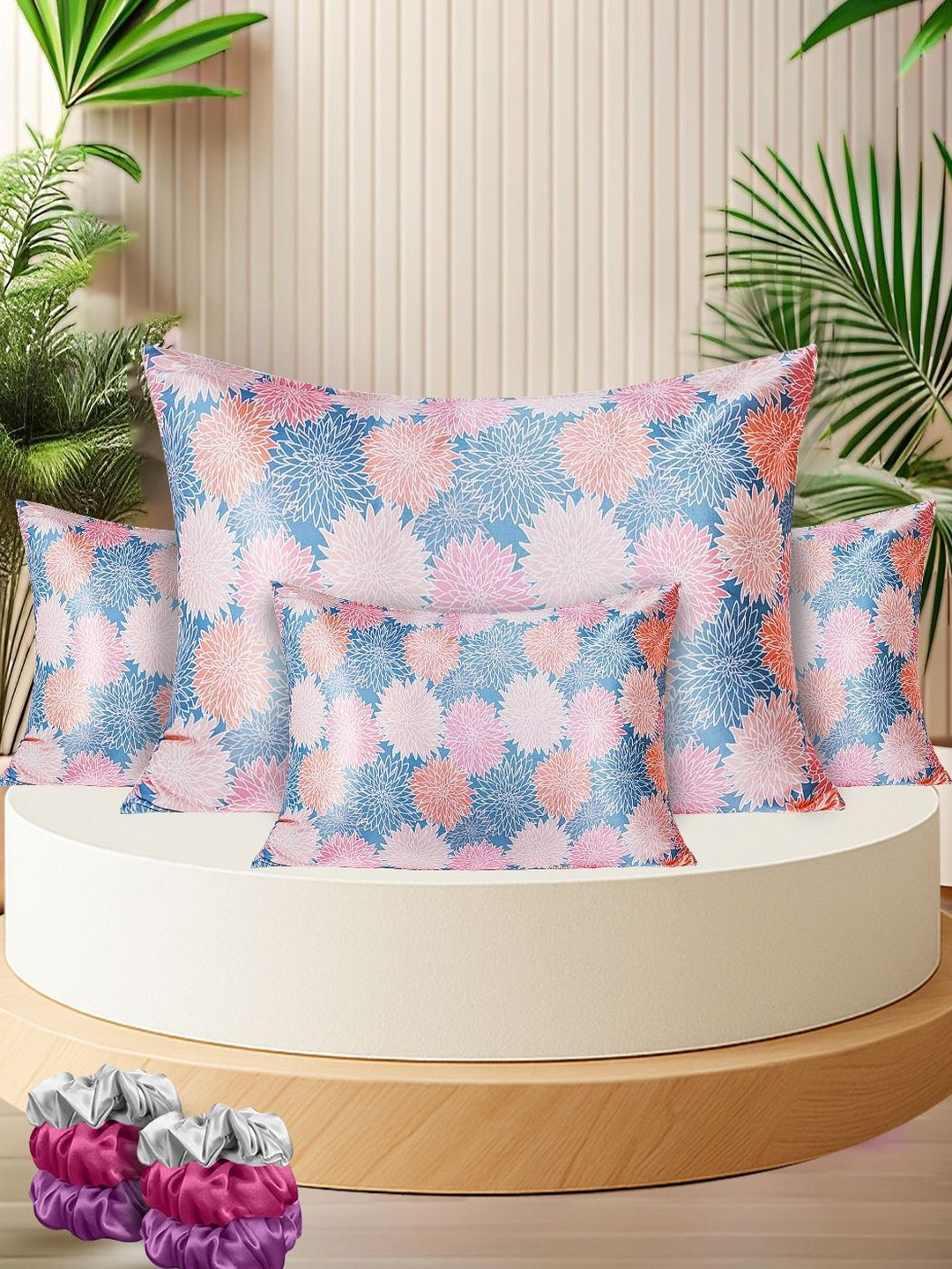 Sittella Blue & Peach-Coloured 4 Pieces Self Design Satin Rectangle Pillow Covers