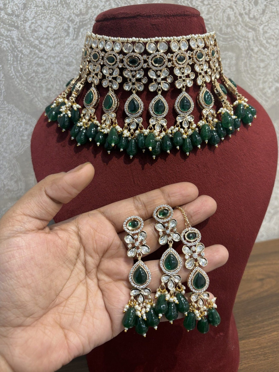 JOSYA Polki Artificial Stone Studded & Beaded Jadau Choker Necklace With Earrings