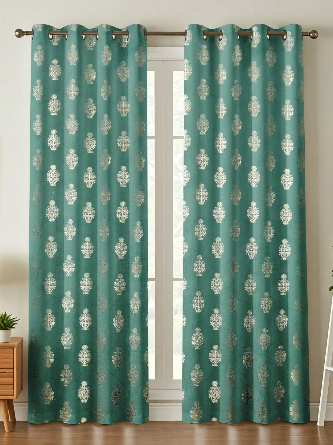 Kiara Creations Green & Gold-Toned 2 Pcs Floral Room Darkening Velvet Window Curtain