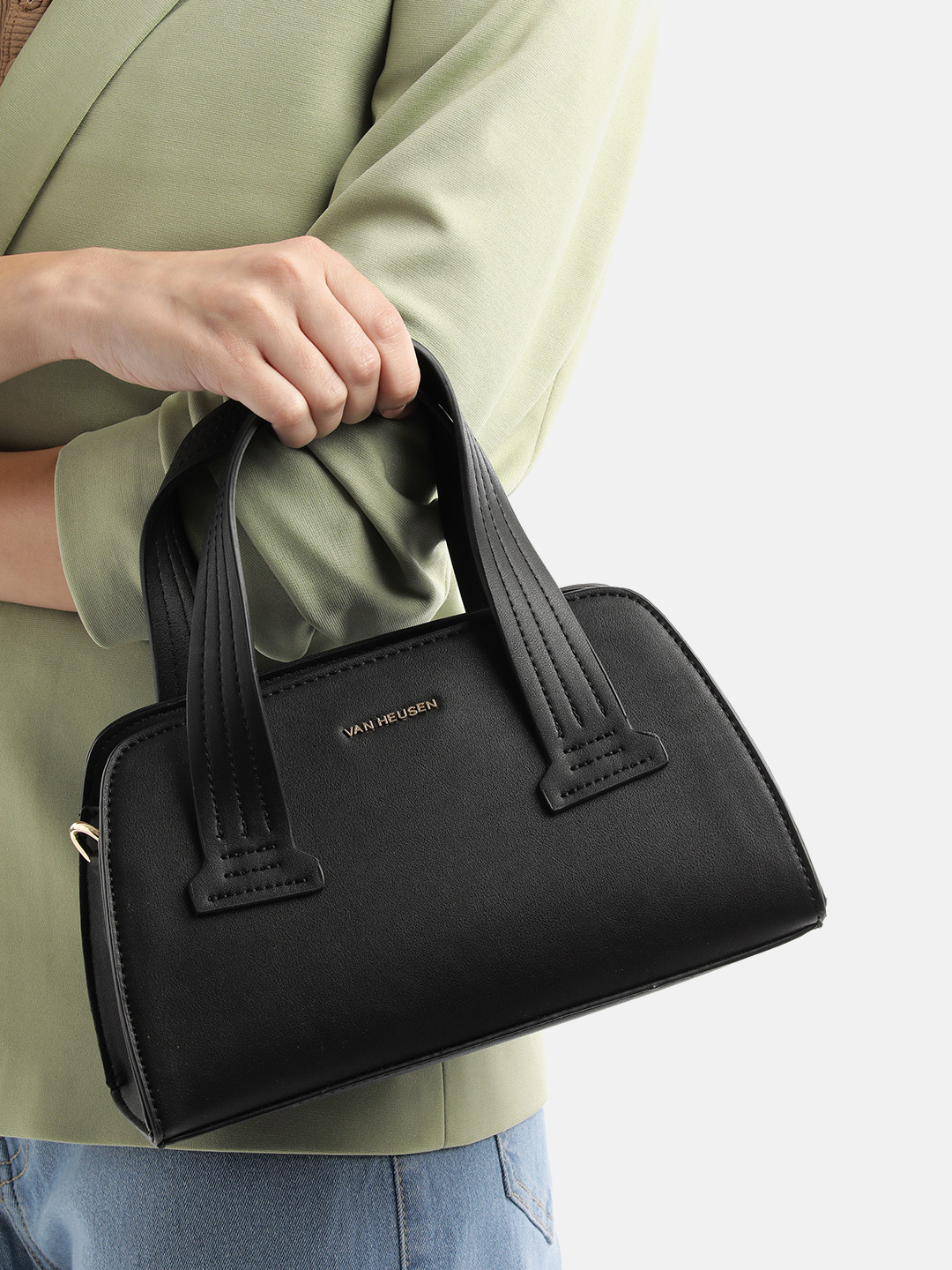 Van Heusen Brand Logo Embossed Structured Handheld Bag with Detachable Sling Strap