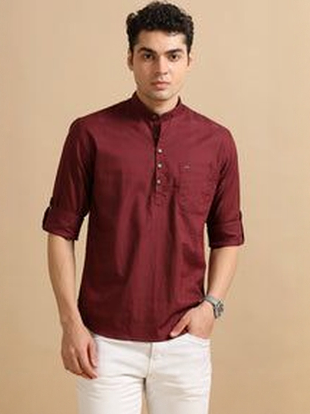 COOL COLORS Men Maroon Slim Fit Checks Full Sleeve Casual Kurta Shirt