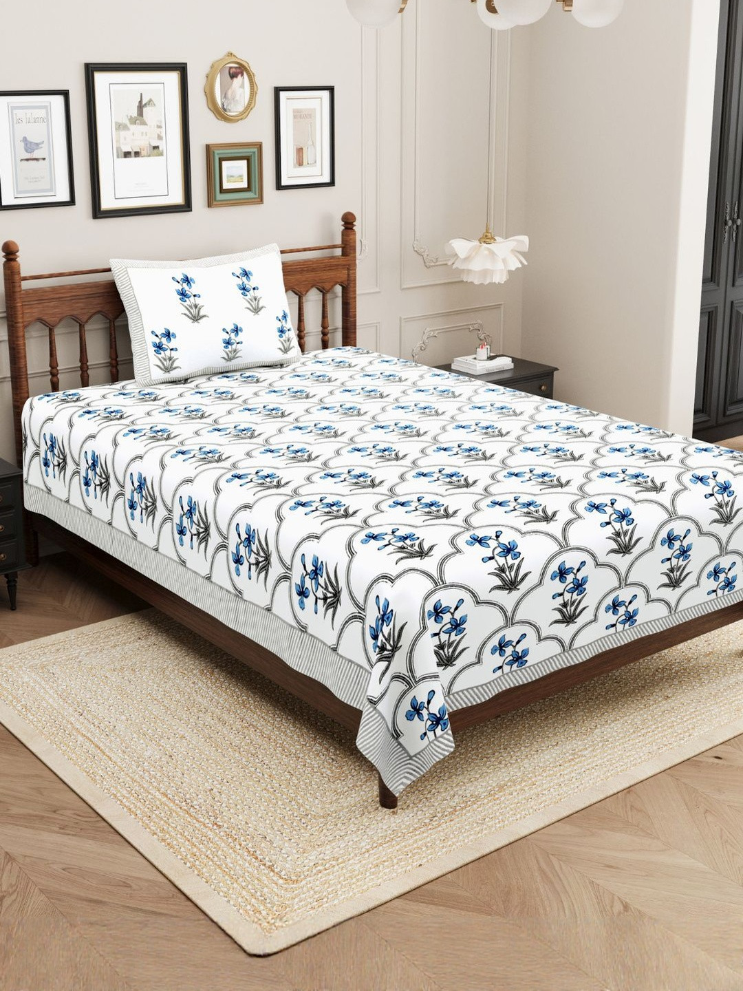 Myntra Elegant Homes Blue Handblock Printed Pure Cotton Single Bedsheet with Pillow Cover