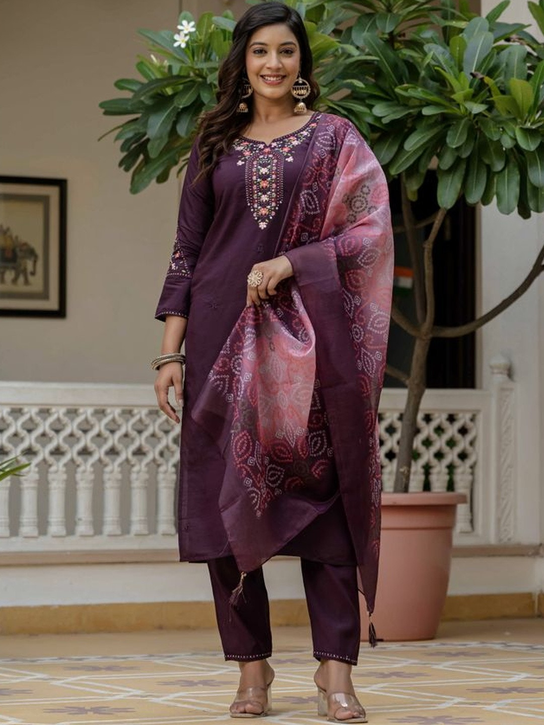 HERE&NOW Women Embroidered Cotton Blended Regular Sequinned Kurta Trousers & With Dupatta