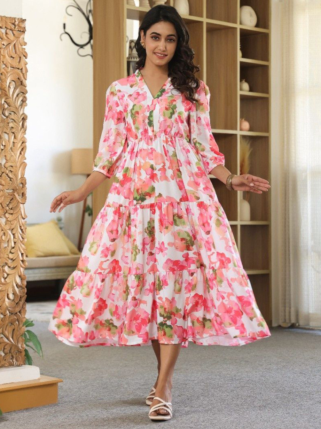 M&H Easy Women Floral Print Puff Sleeve Fit and Flare Midi Dress