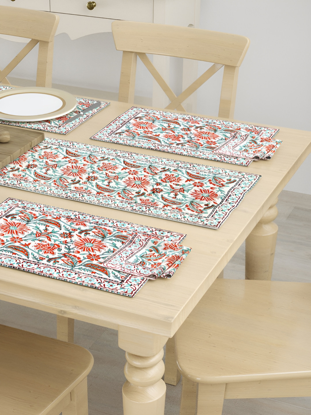 BLOCKS OF INDIA White & Orange 13 Pieces Ethnic Motifs Printed Cotton Table Linen Sets