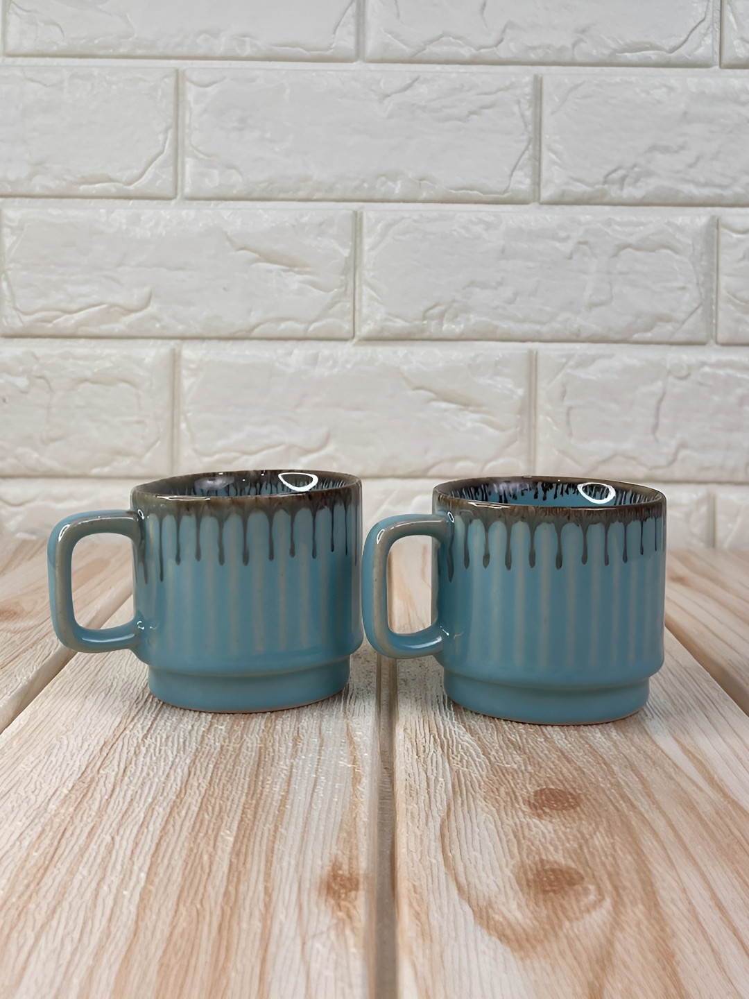 THE INDIAN ROSE Blue & Black 2 Pieces Printed Ceramic Glossy Cups 160ml