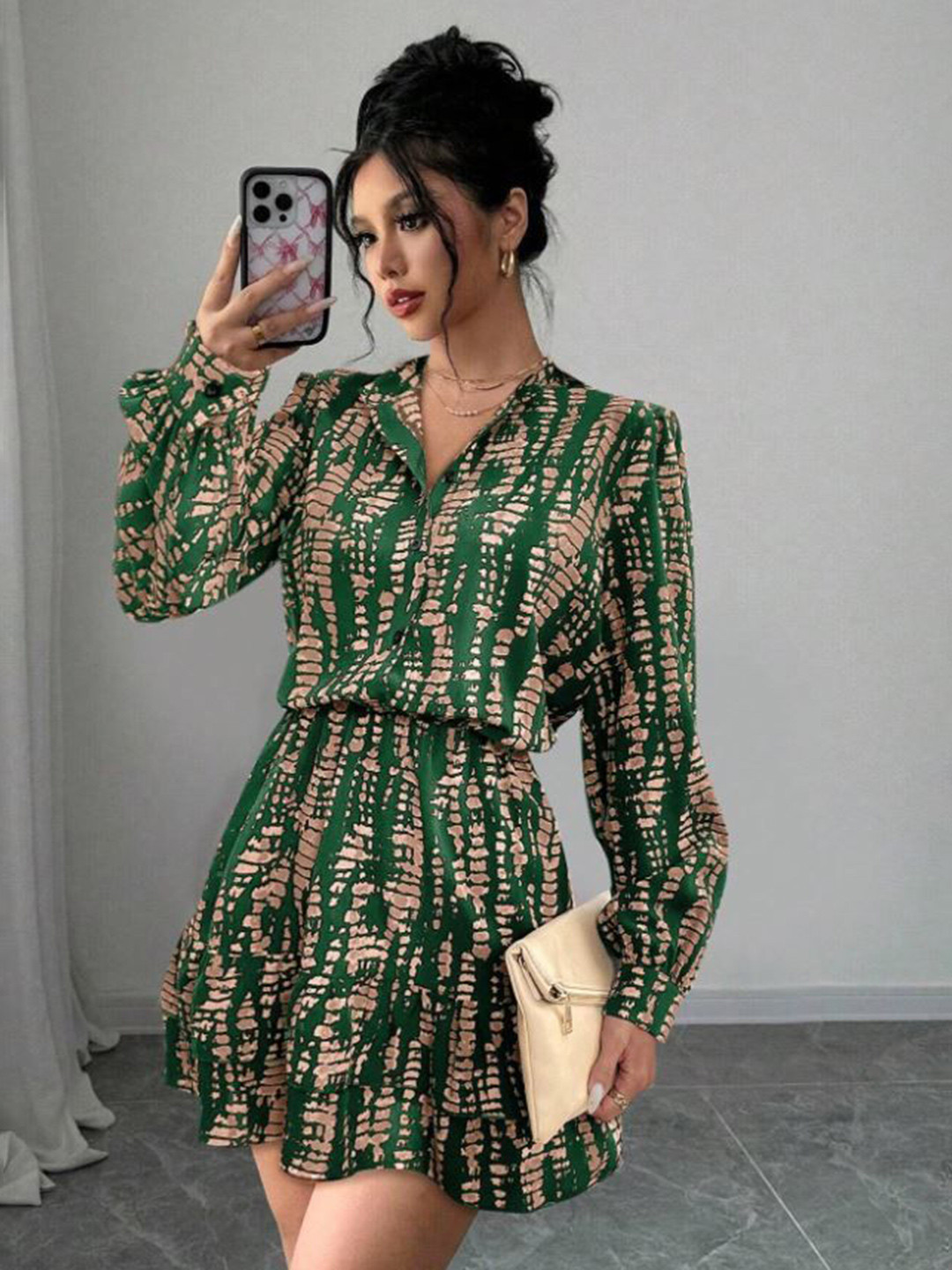 M&H Easy Women Abstract Printed Shirt Collar A-Line Mini Dress