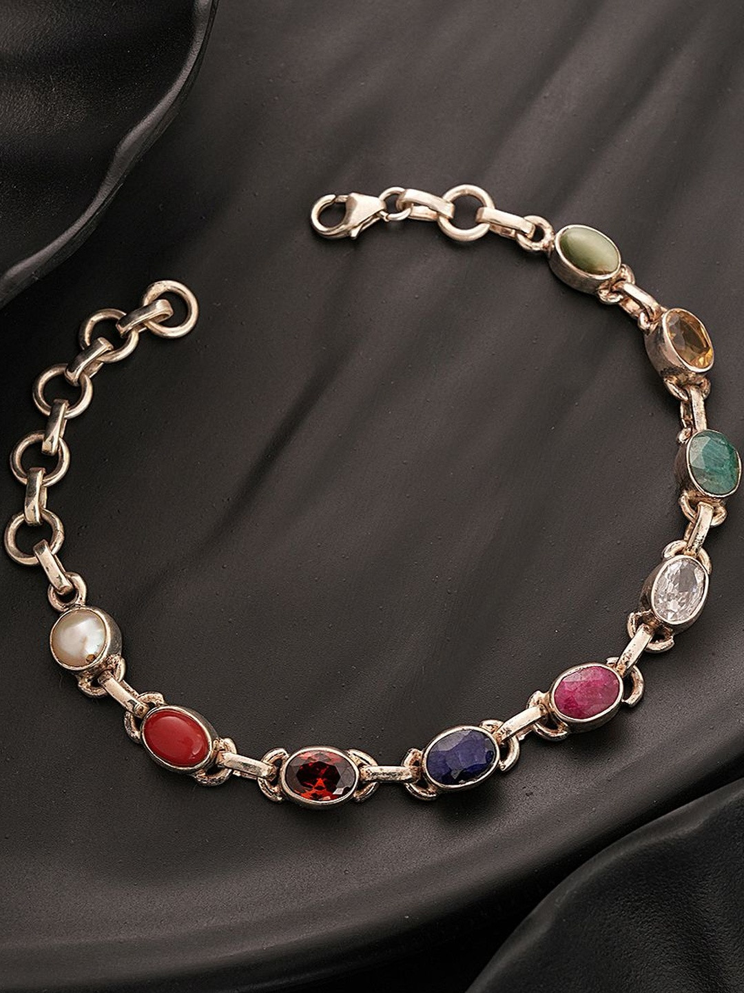 SARAF SILVERETZ 925 Sterling Silver American Diamond Studded Silver-Plated Link Bracelet