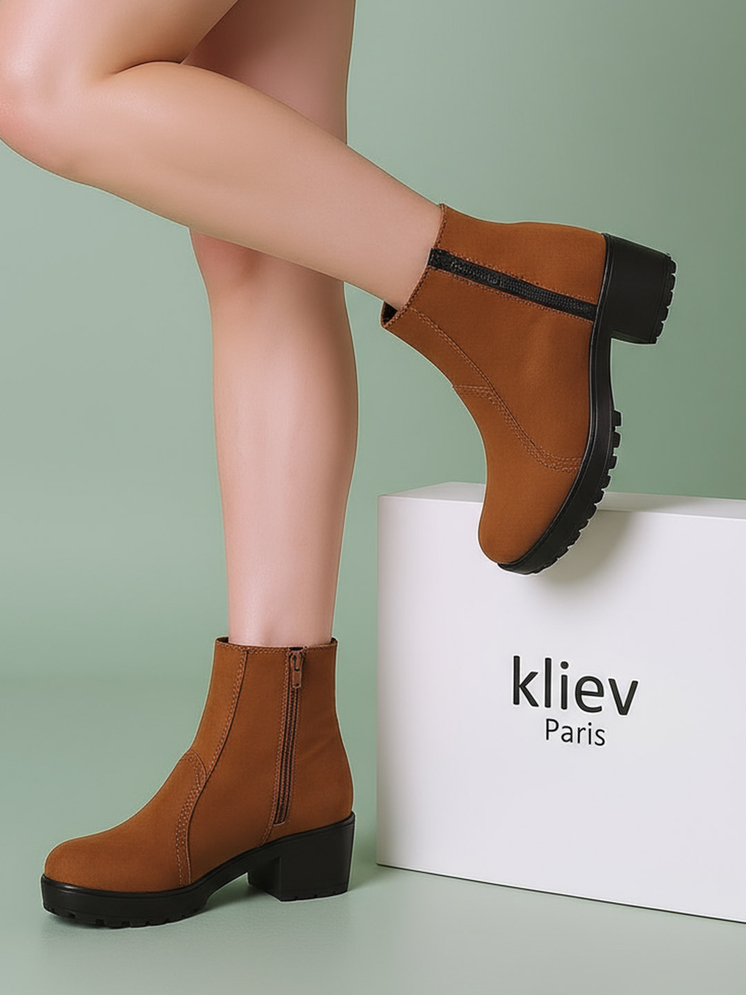 Kliev Paris Women Chunky Heel Ankle Boots With Side Zipper