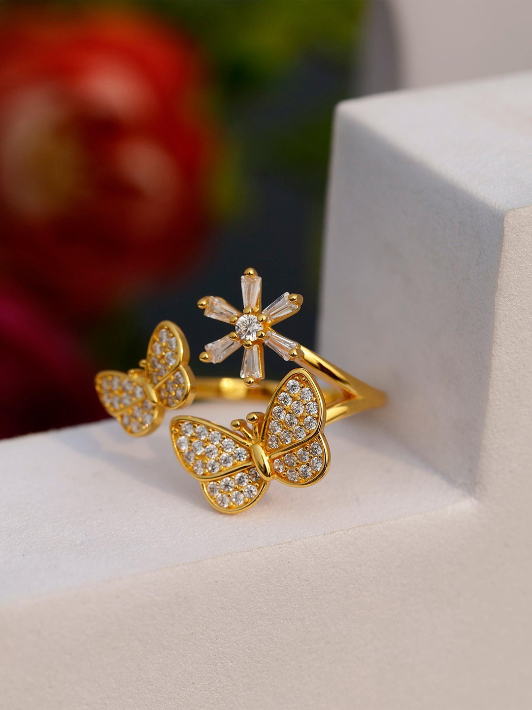 DIAVO  Silver Gold-Plated Artificial Stones Studded Flutter Floral Finger Ring