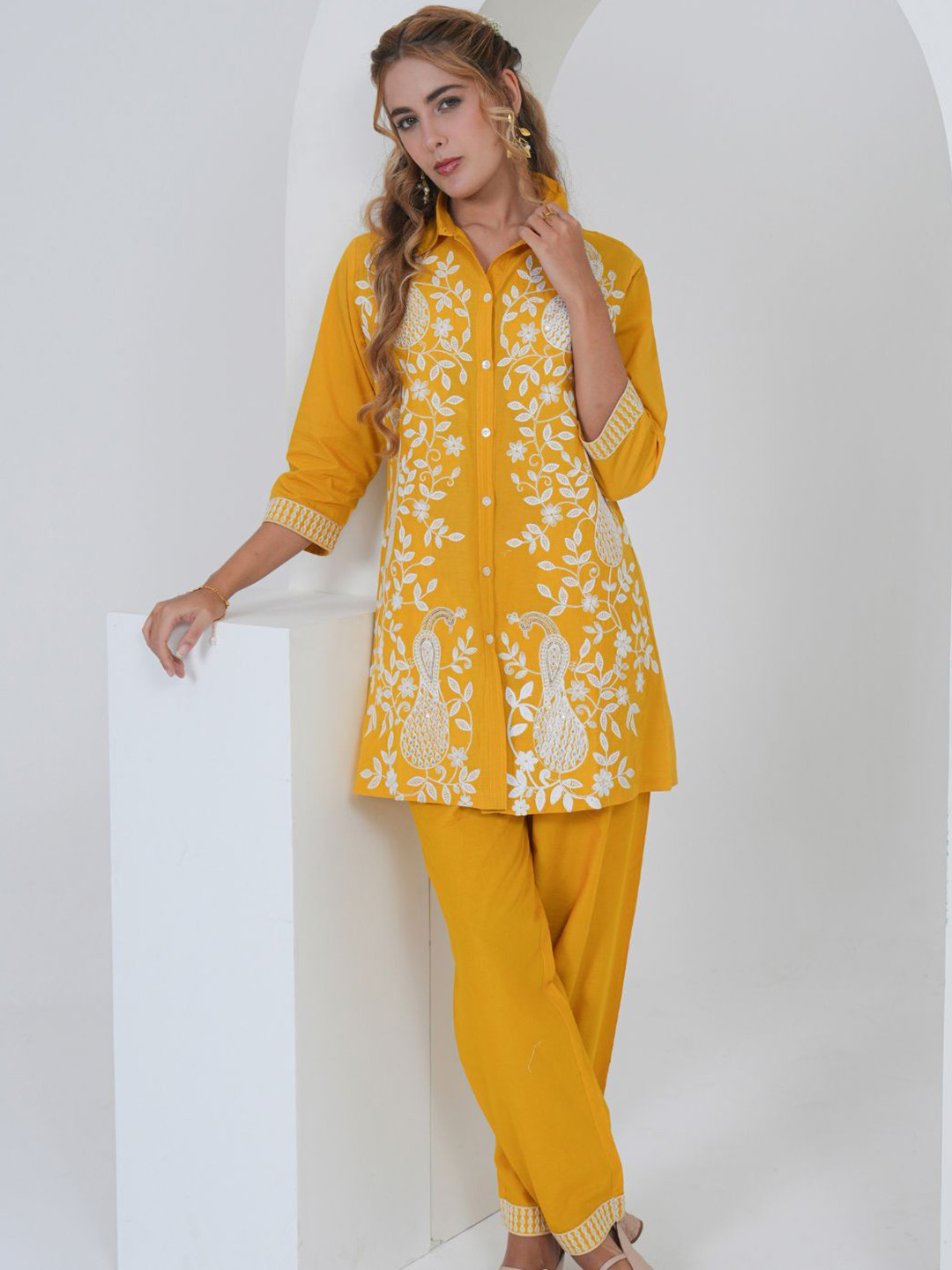 Zolo Label Embroidered Three-Quarter Sleeves Shirt and Trouser Co-Ord Set