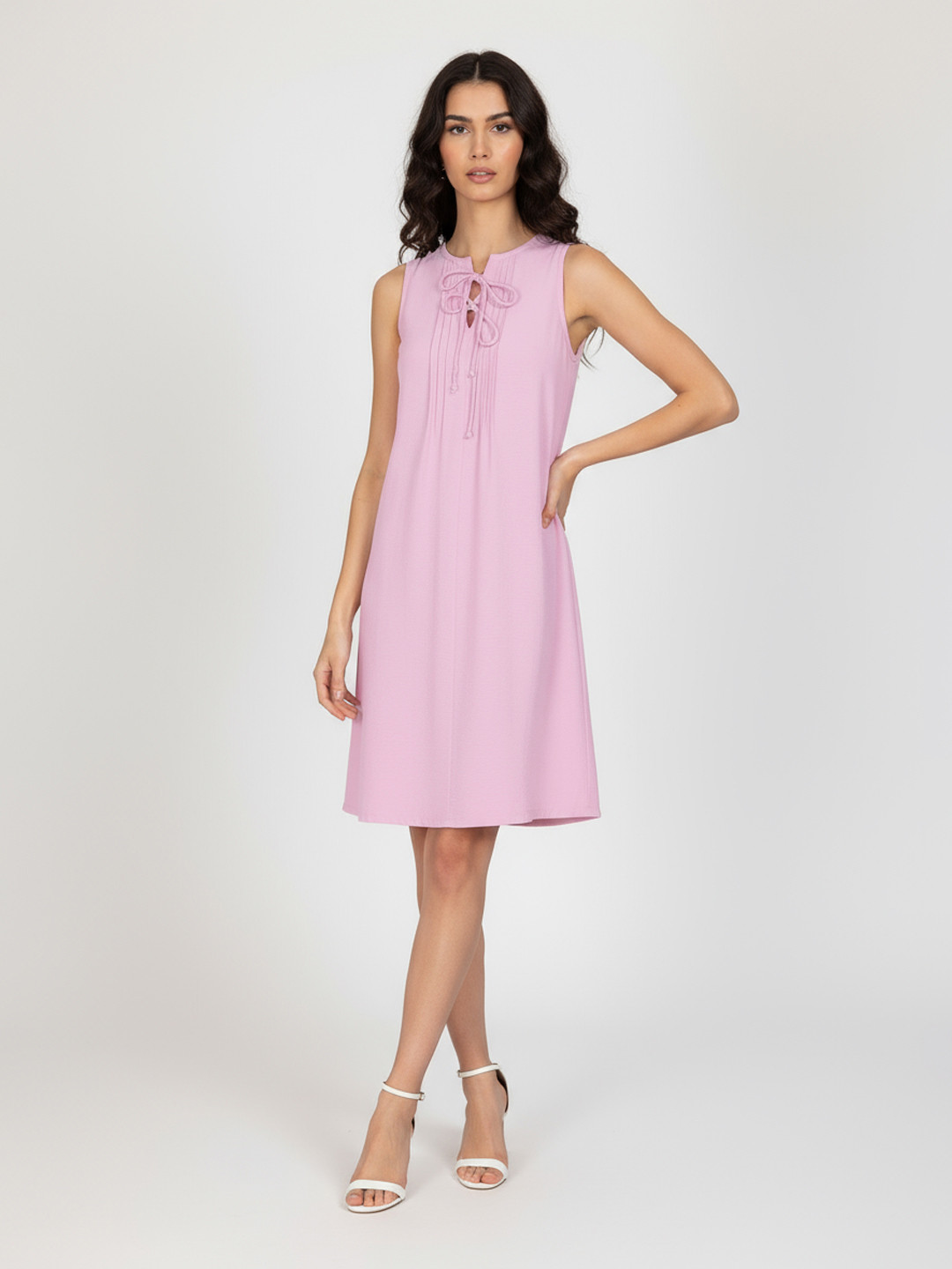 glitchez Tie-Up Neck Pin Tucks Detail A-Line Dress