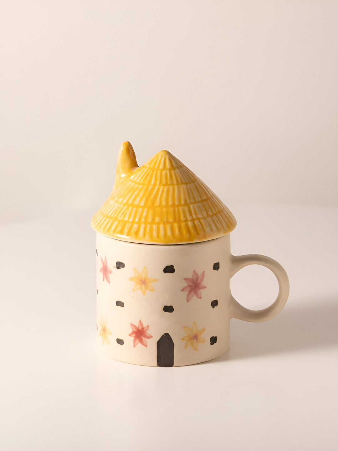 THE INDIAN ROSE Cream-Coloured & Orange Colored 2 Pieces Printed Ceramic Cups 175ml