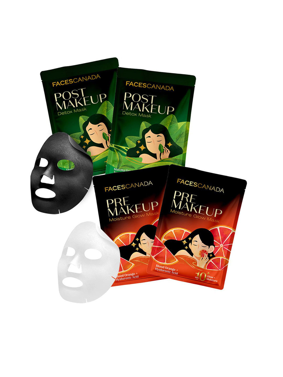 FACES CANADA Set Of 4 Pre & Post Makeup Sheet mask- 27.5 g Each