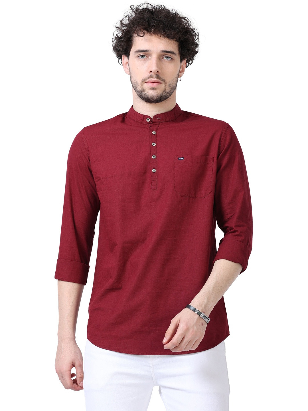 Rocket Science Men Maroon Solid Mandarin Collar Linen Straight Kurta