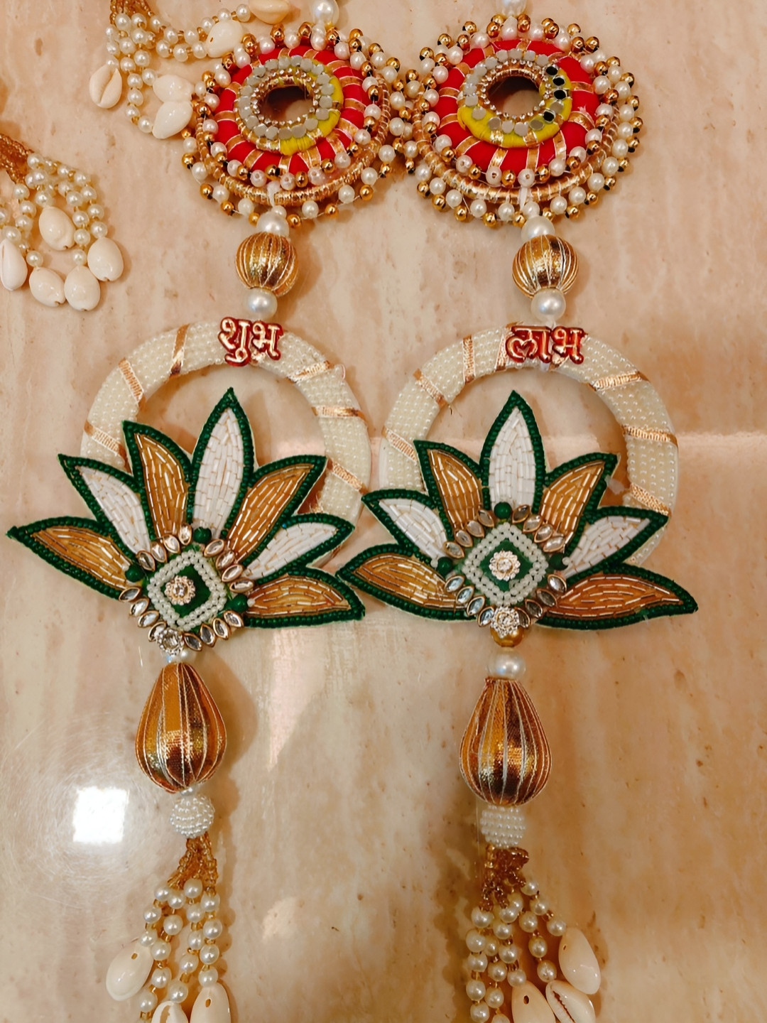 Sellplus Set Of 2 White & Yellow Textured Lotus Patch With Shubh Labh Hanging Torans