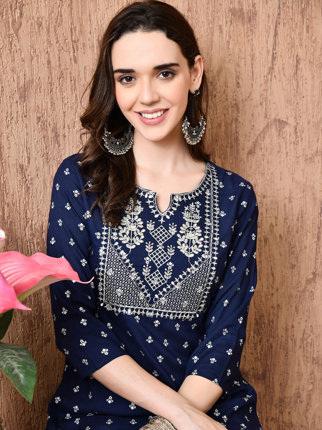 BKApparels Women Woven Design Embroidered Screen Print Festive Cotton Straight Kurta