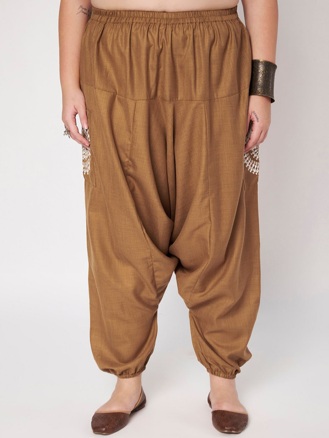 9rasa Women Ethnic Motifs Printed Plus Size Smart Loose Fit Cotton Drop Crotch Trouser