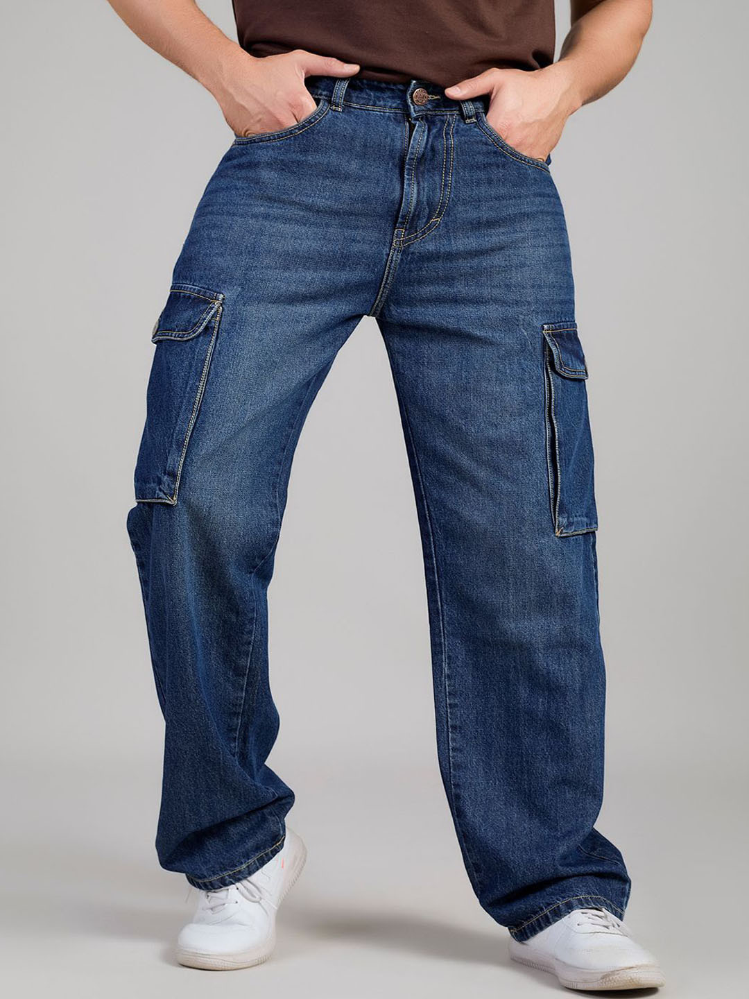 FLYING SHARK Men Relaxed Fit Mid-Rise Cotton Denim Light Fade Cargo Styles Jeans