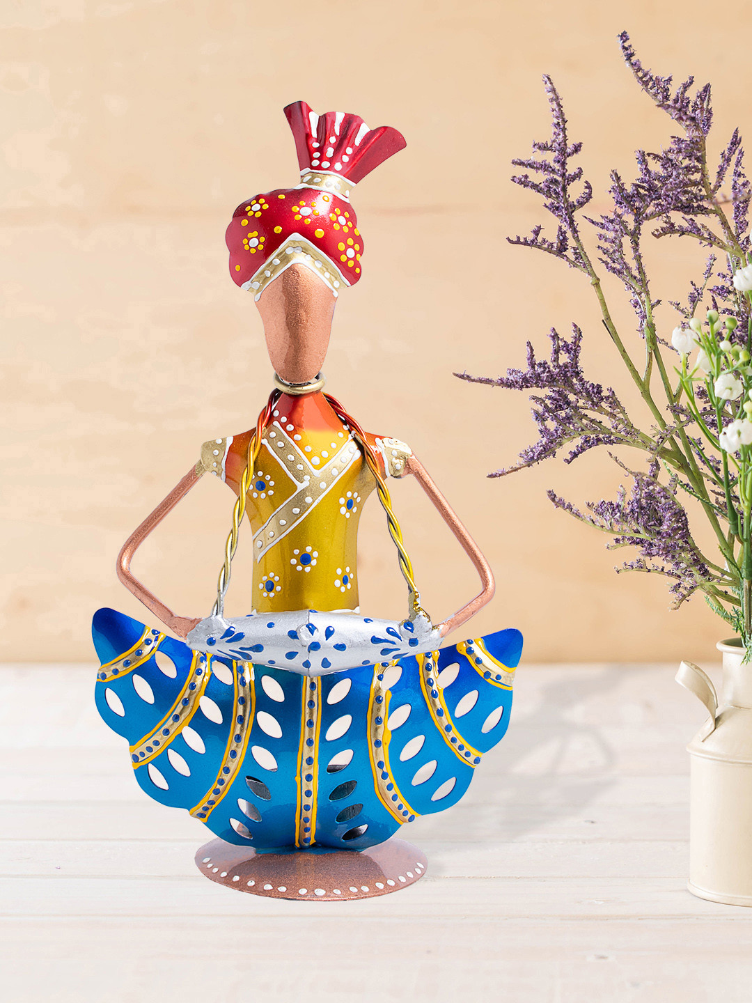 Golden Peacock T-Light Candle Holder Blue Metal Metallic Living Room Lights Small Showpiece - 7.7 Inches