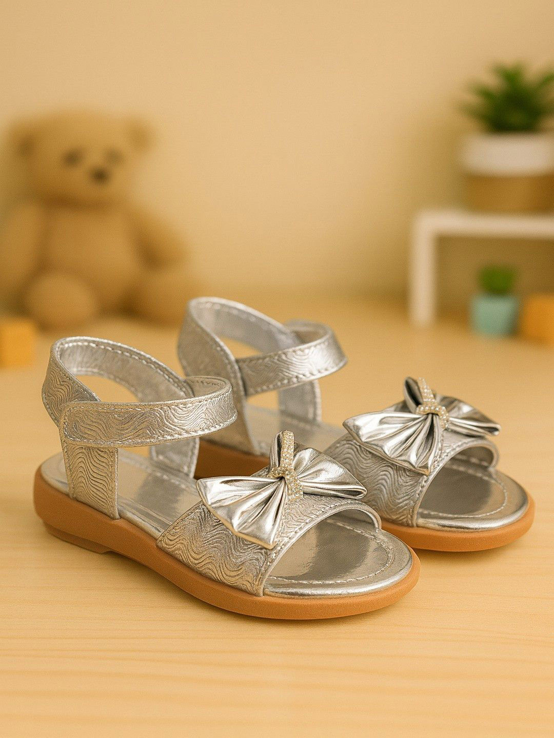Footpedia Girls Embellished Open Toe Bows Flats