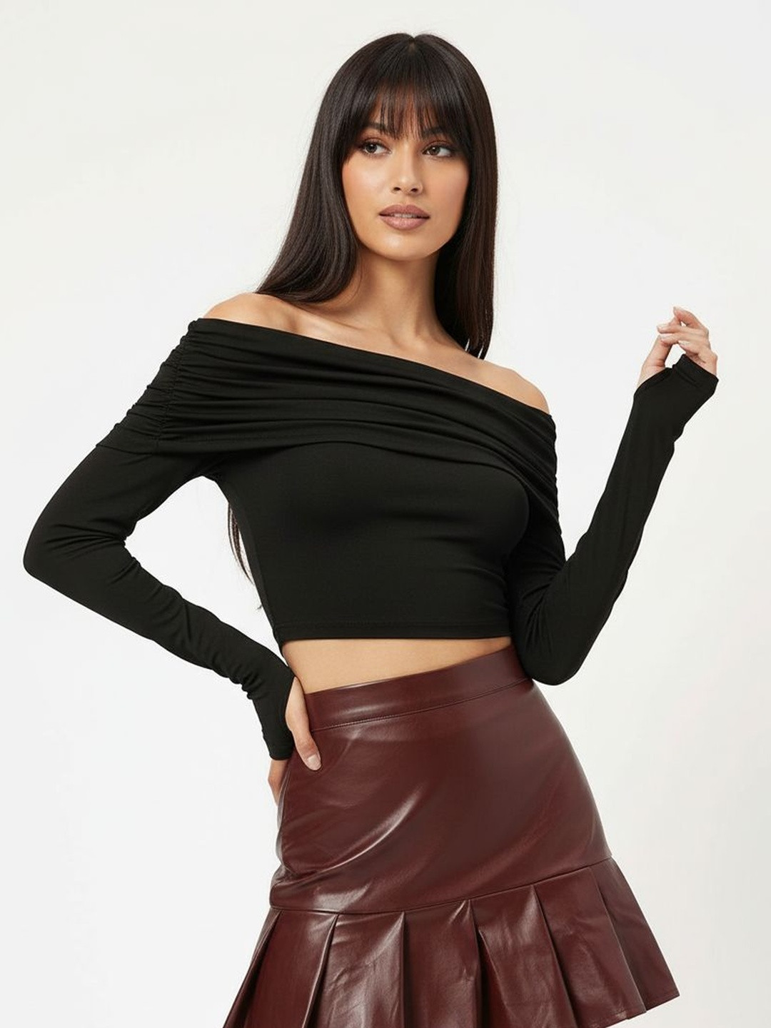 DressBerry Cute Coquette Off-Shoulder Full Sleeves Fitted Crop Top