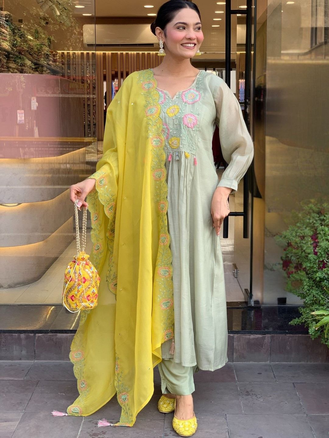 KALINI Women Floral Embroidered Pleated Thread Work Kurta & Trousers With Dupatta
