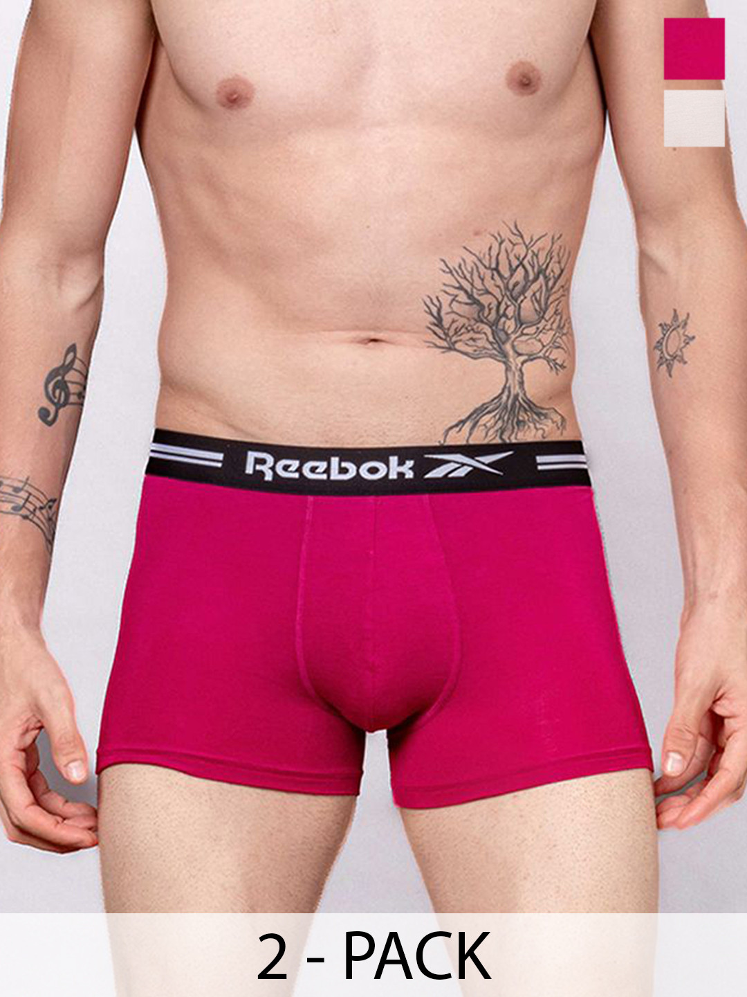 Reebok Pack Of 2 Solid Outer Elastic  Logo Detail Trunks