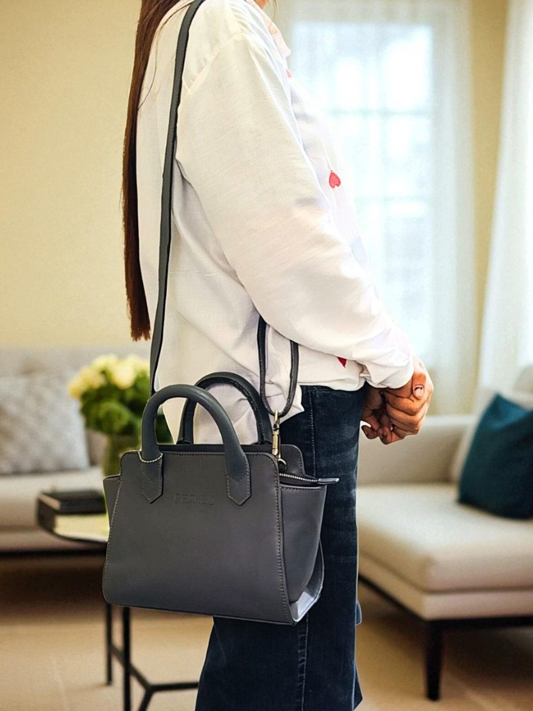 PERKED Grey Leather Swagger Handheld Bag