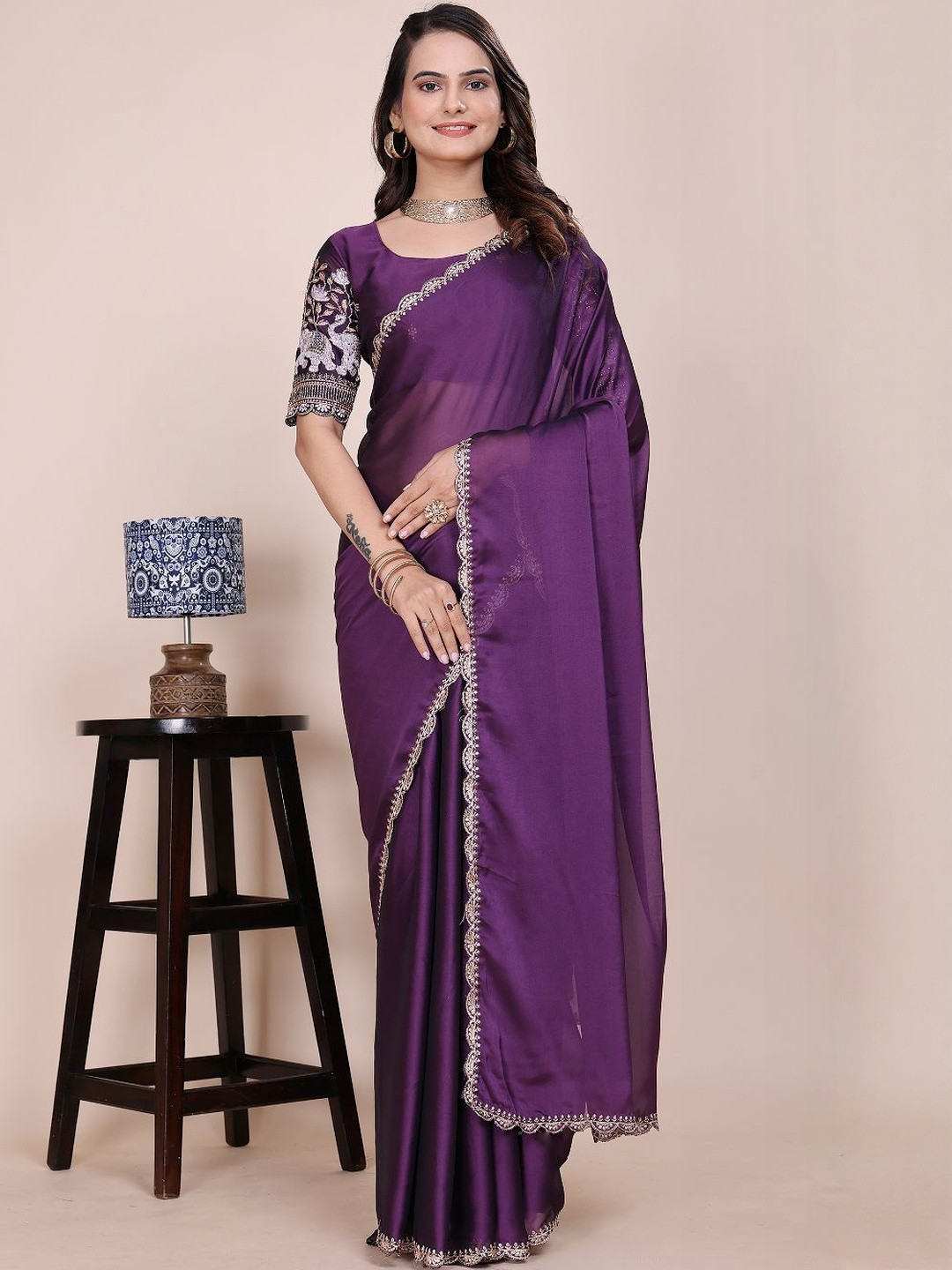 K 5 Fashion Embellished Pure Chiffon Beads and Stones Saree