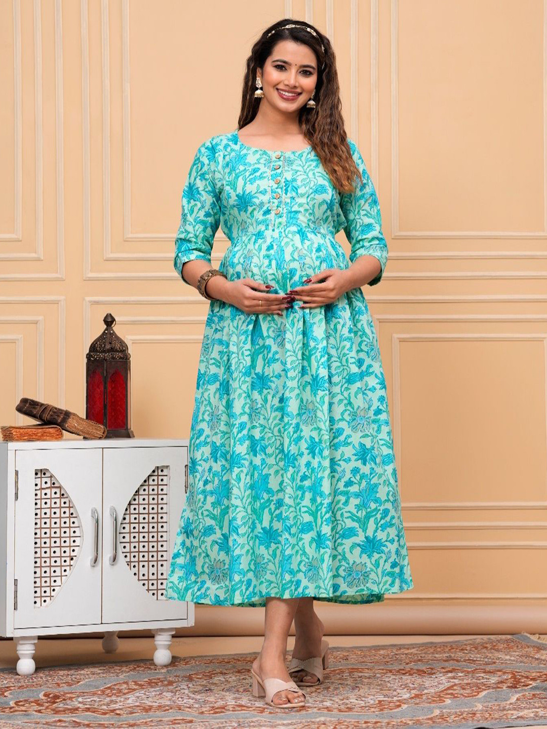 MAINA CREATION Floral Printed Round Neck A-Line Ethnic Dresses
