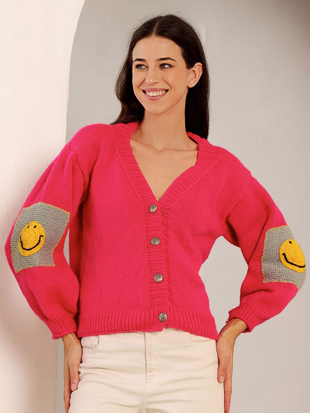 Velvery Self Design V-Neck Smiley Face Patchwork Long Sleeves Acrylic Cardigan Sweater