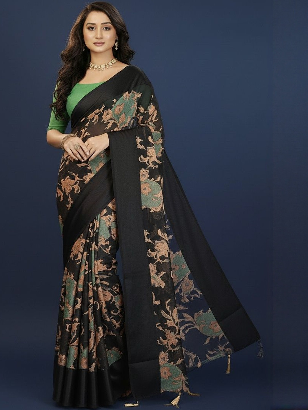 Peachmode Women Black & Light Green Foil Printed Saree with Unstitched Blouse Piece
