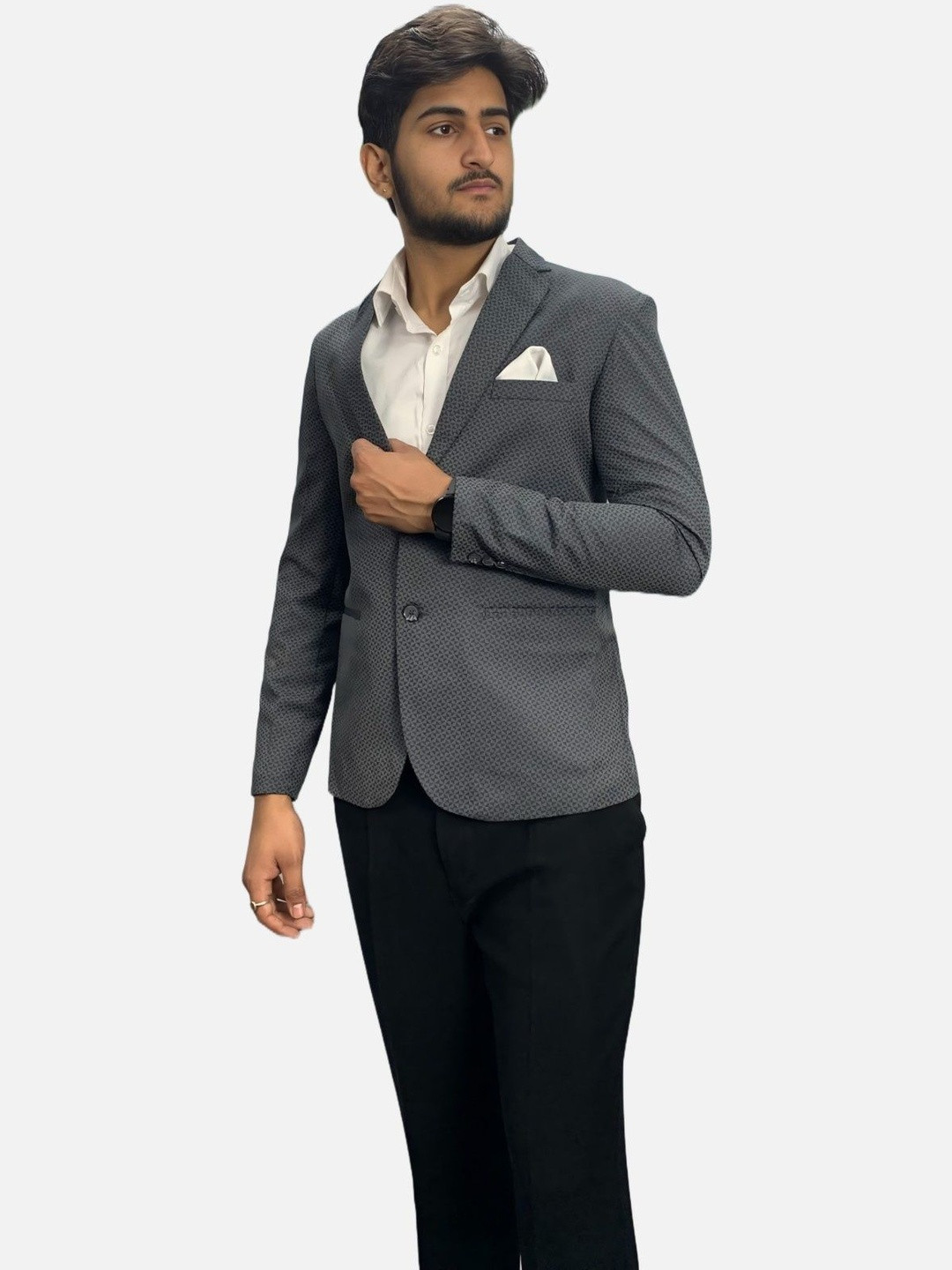 GARGIAN Master Cut Men Grey Printed Polyviscose With Notched Lapel Collar Blazer