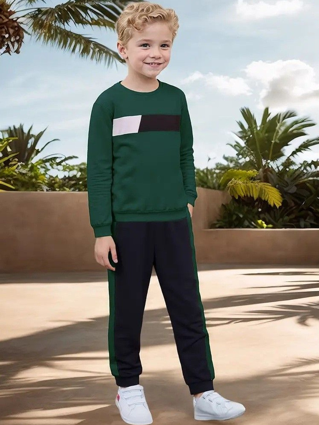 KEESOR Kids Green & Black Cotton Blend Full Sleeves T-Shirt and Lounge Pants