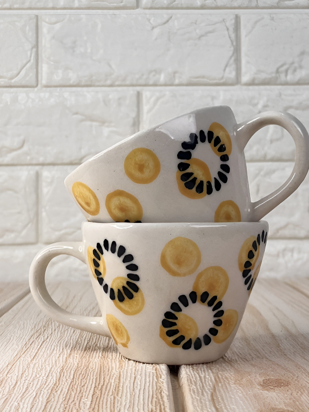 THE INDIAN ROSE Off White & Yellow 4 Pieces Printed Ceramic Cups 150ml