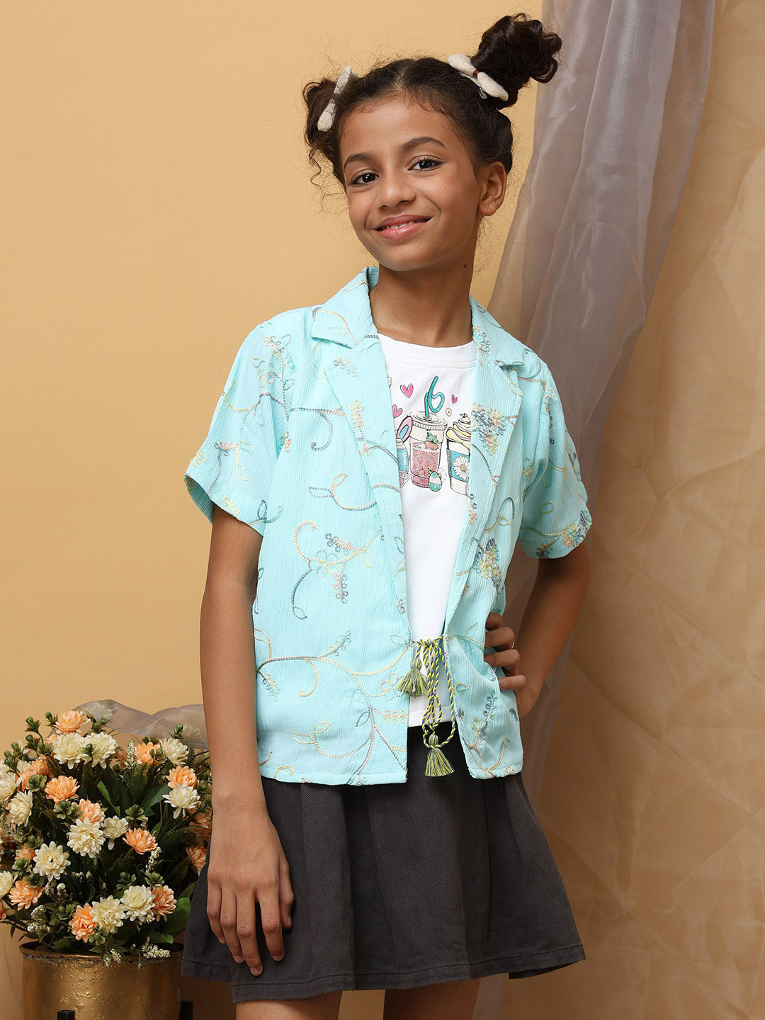 Miss & Chief Girls Printed T-Shirt with Shrug Top