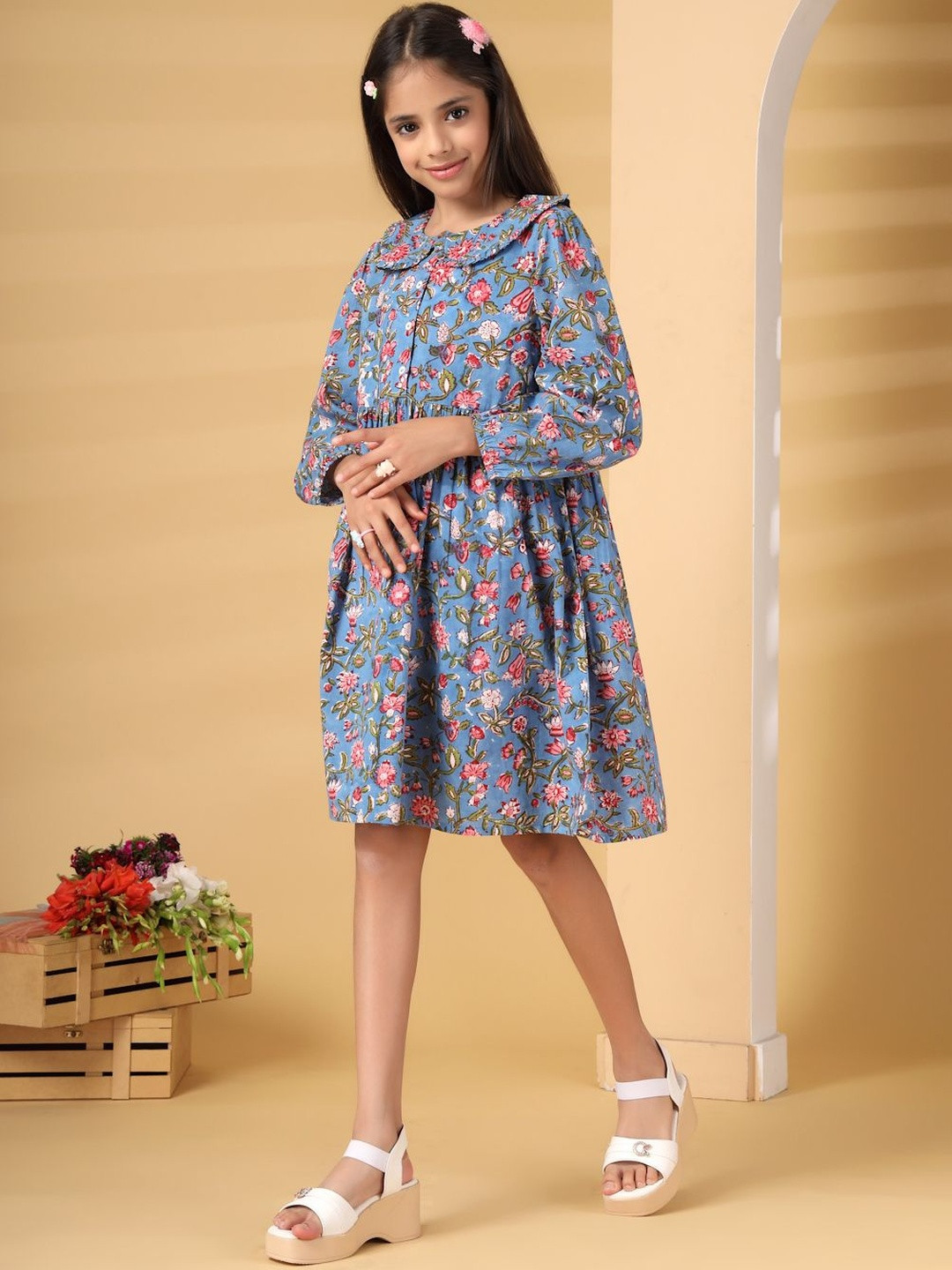 Sangria Girls Floral Printed Peter Pan Collar Fit and Flare Dress