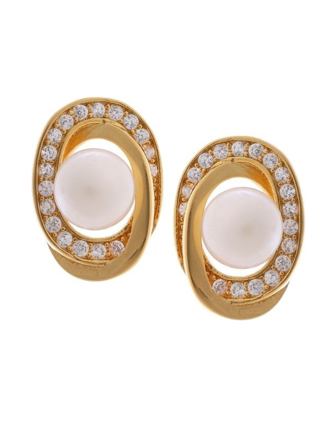 DIAVO 925 Silver Gold-Plated Stones Studded and Beaded Oval Shaped Studs