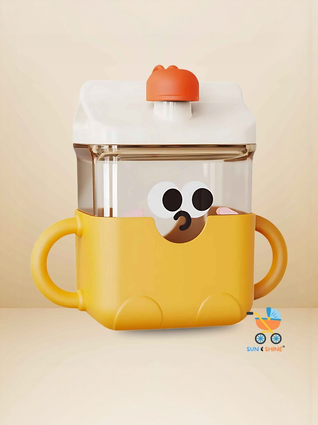 Sun & Shine Kids Orange Sippy Face 300ml Secure Cap & Silicone Straw Sipper Bottle