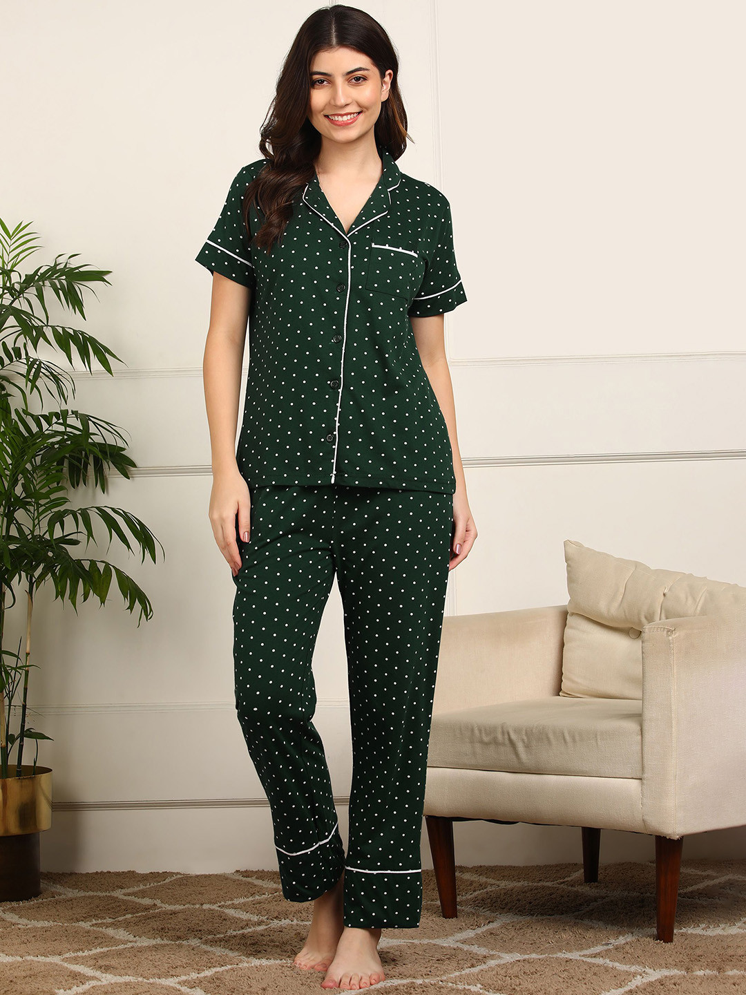 ETC Polka Dot Printed Pure Cotton Shirt & Trousers Night Suit.